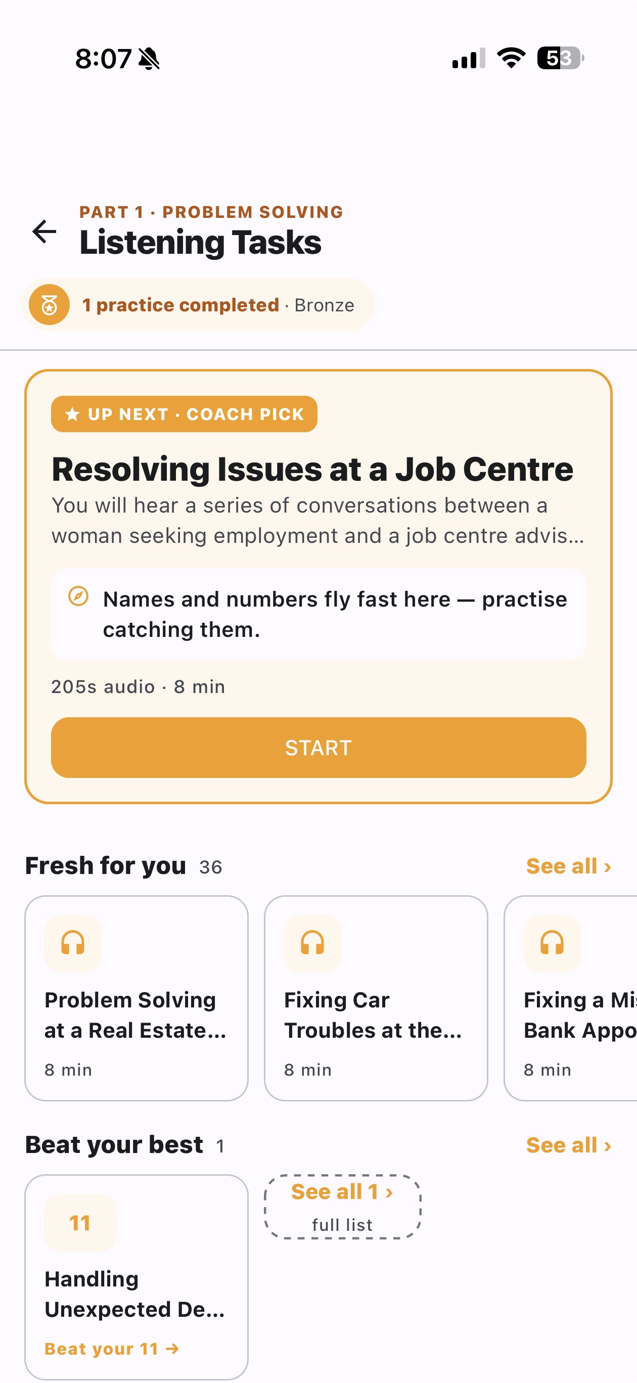 A coach pick in the app: a listening task served up next, with a tip about catching fast names and numbers