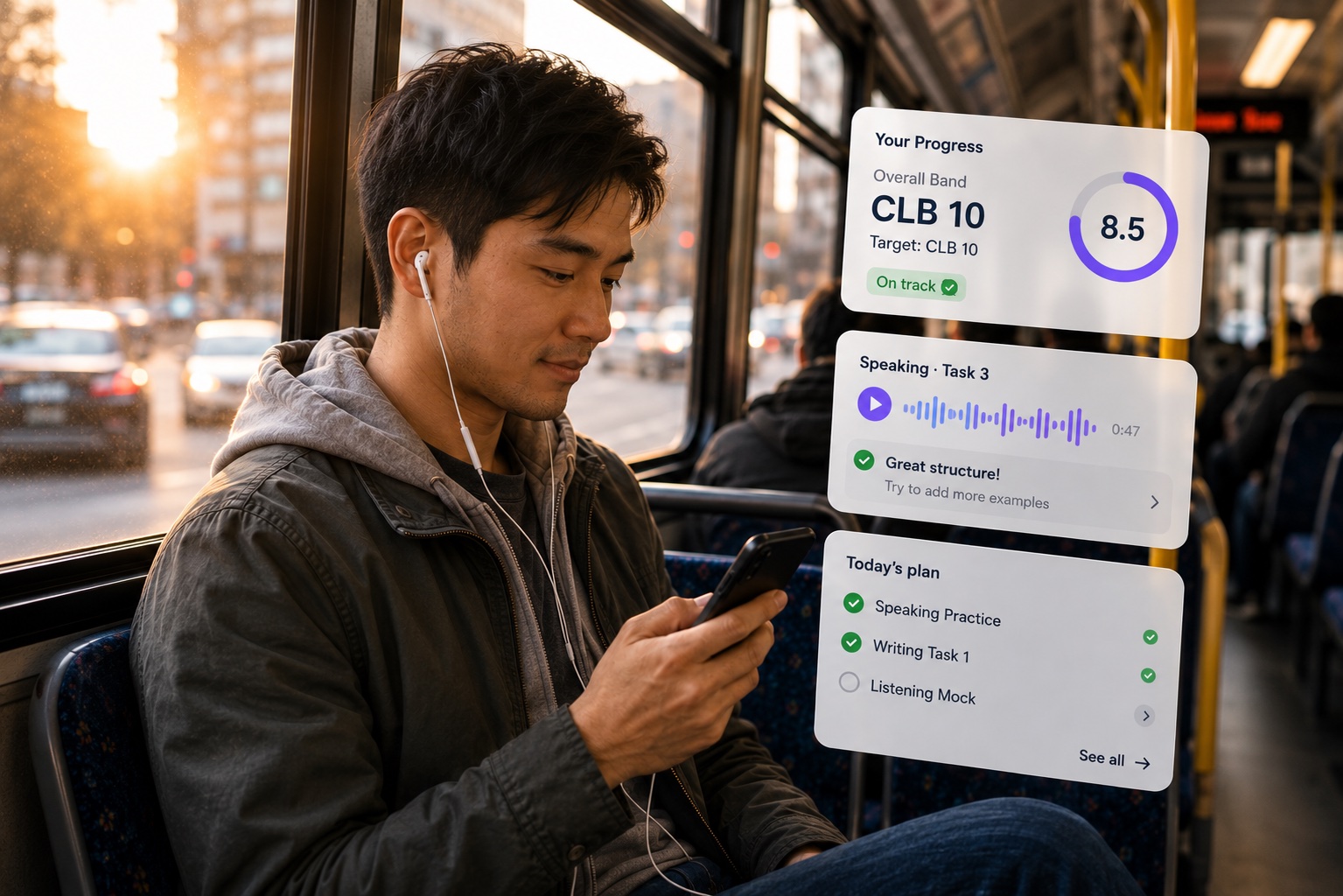 A commuter on a bus with earbuds in, replaying his speaking task and checking his plan and progress