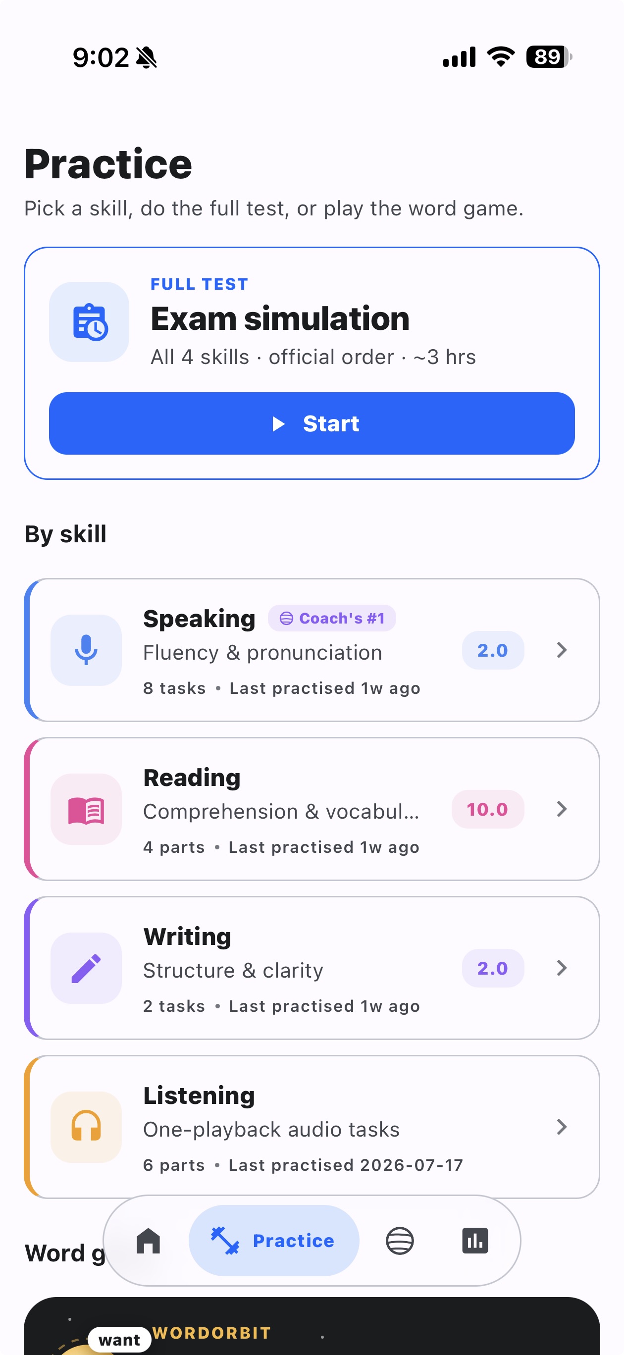 Practice screen: full exam simulation, then Speaking, Reading, Writing and Listening by skill