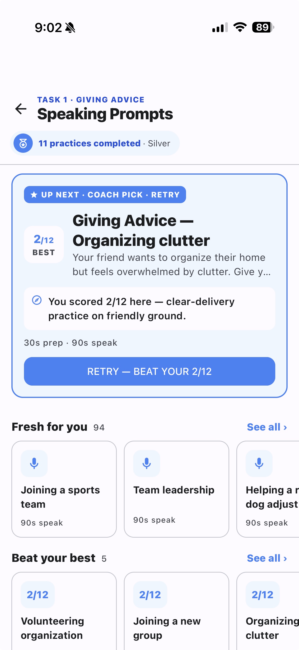 Speaking prompts: a coach pick to retry Giving Advice, fresh prompts and a beat-your-best list