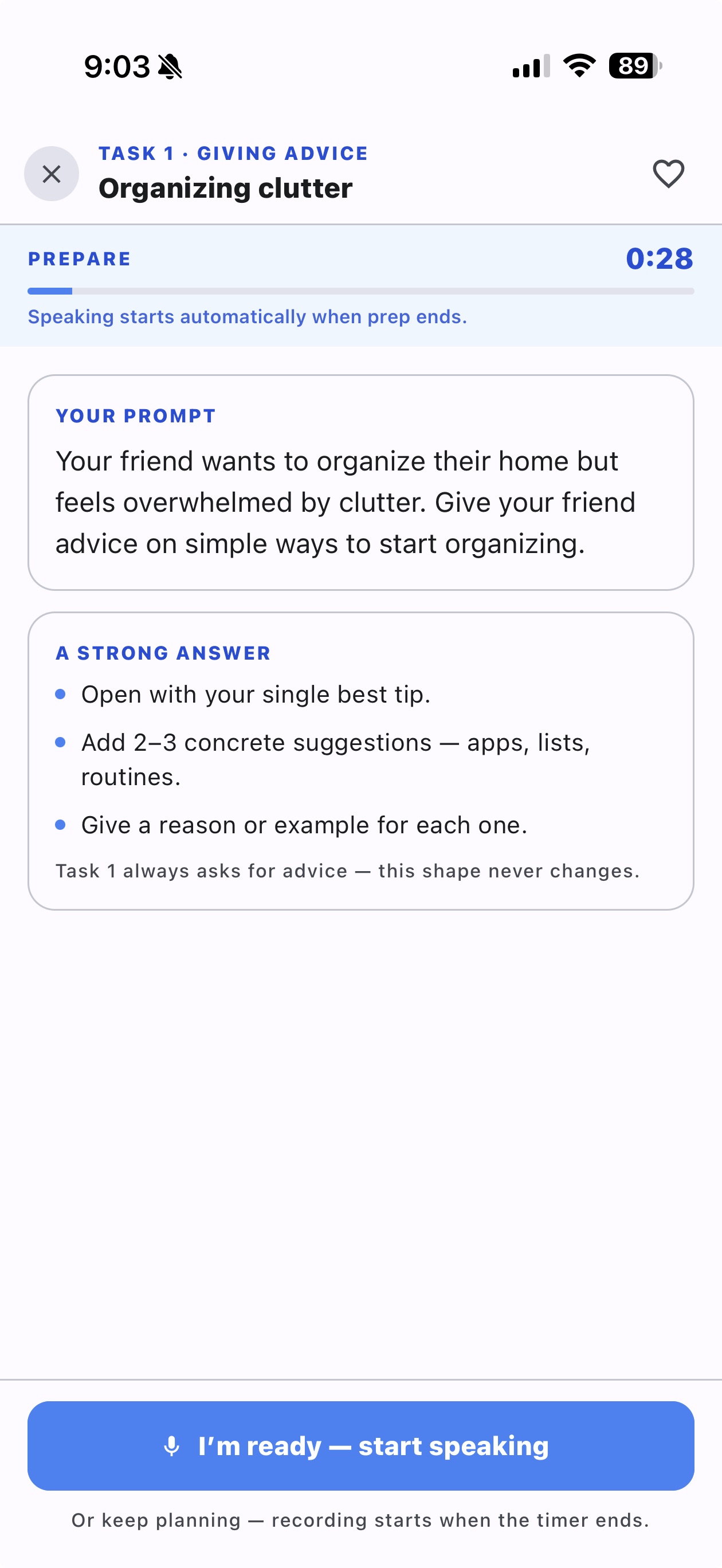Speaking task prep screen: 30-second timer, the prompt, and what a strong answer includes