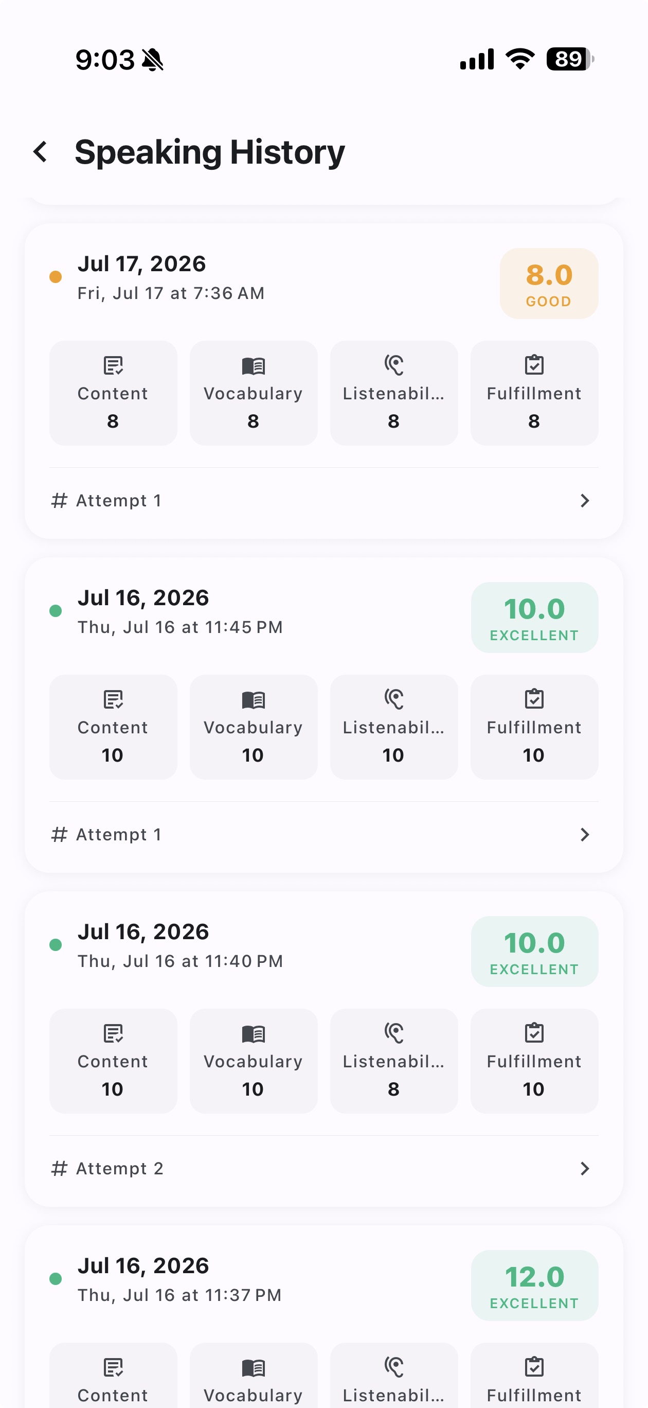 Speaking history: past attempts scored on content, vocabulary, listenability and fulfillment