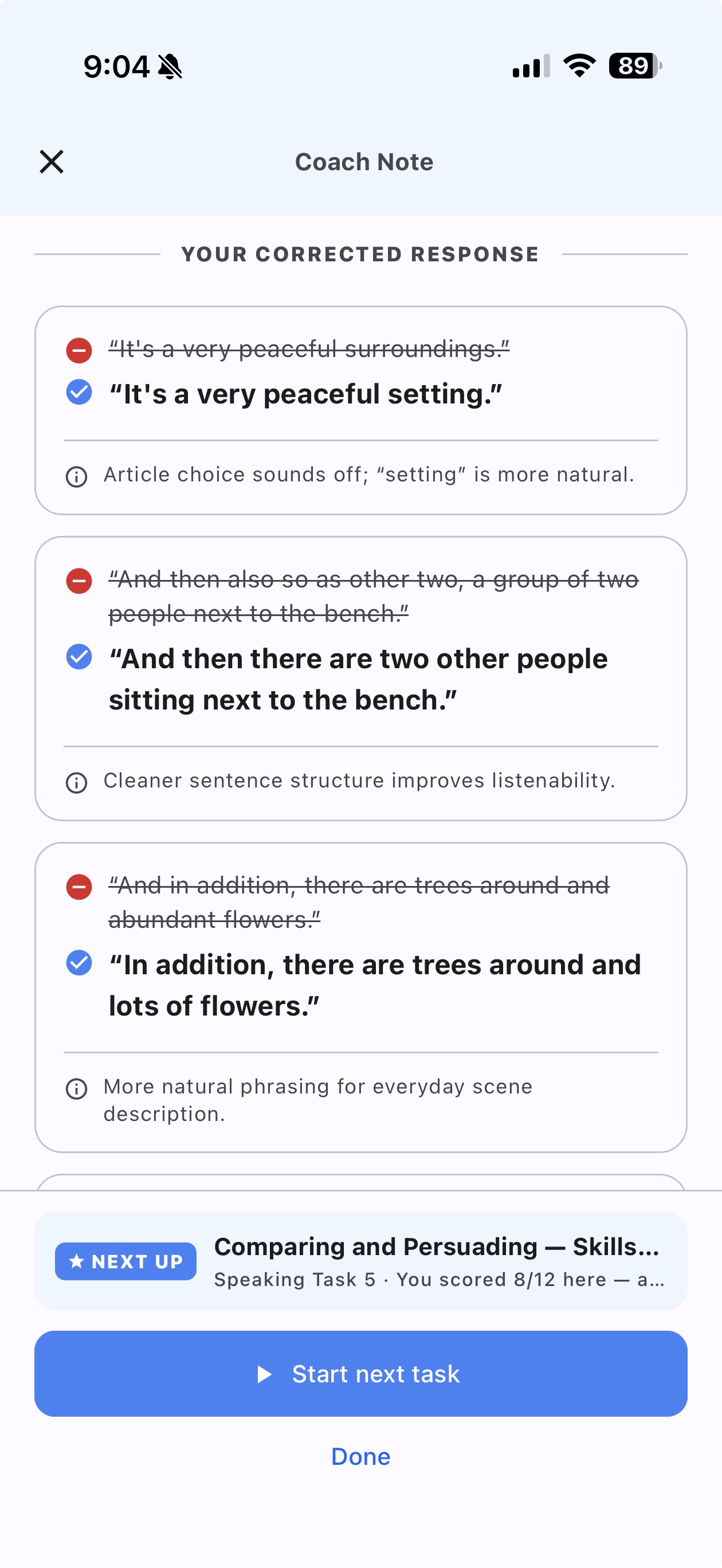 Coach note: your sentences corrected line by line, with the reason for each fix