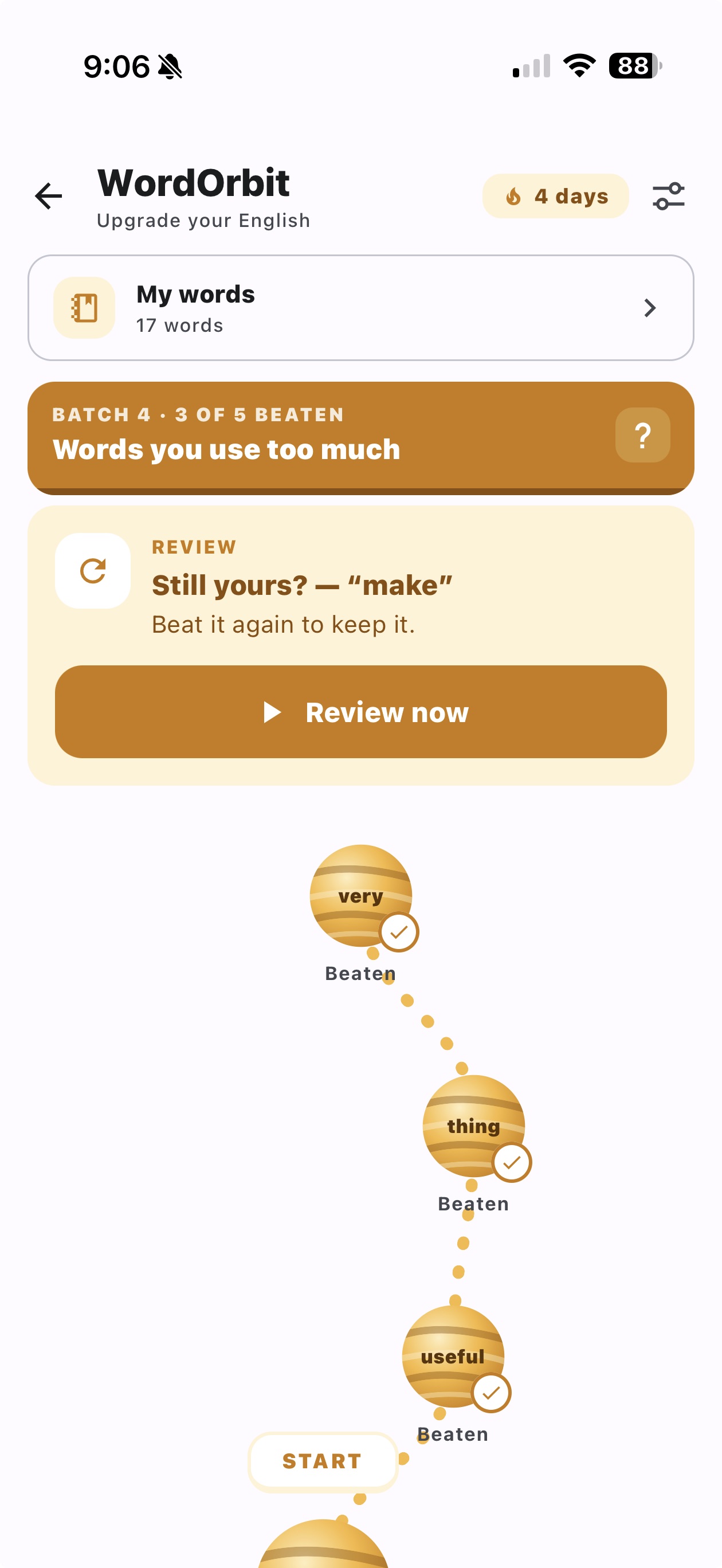 WordOrbit home: 4-day streak, my words, and the orbit of words you use too much