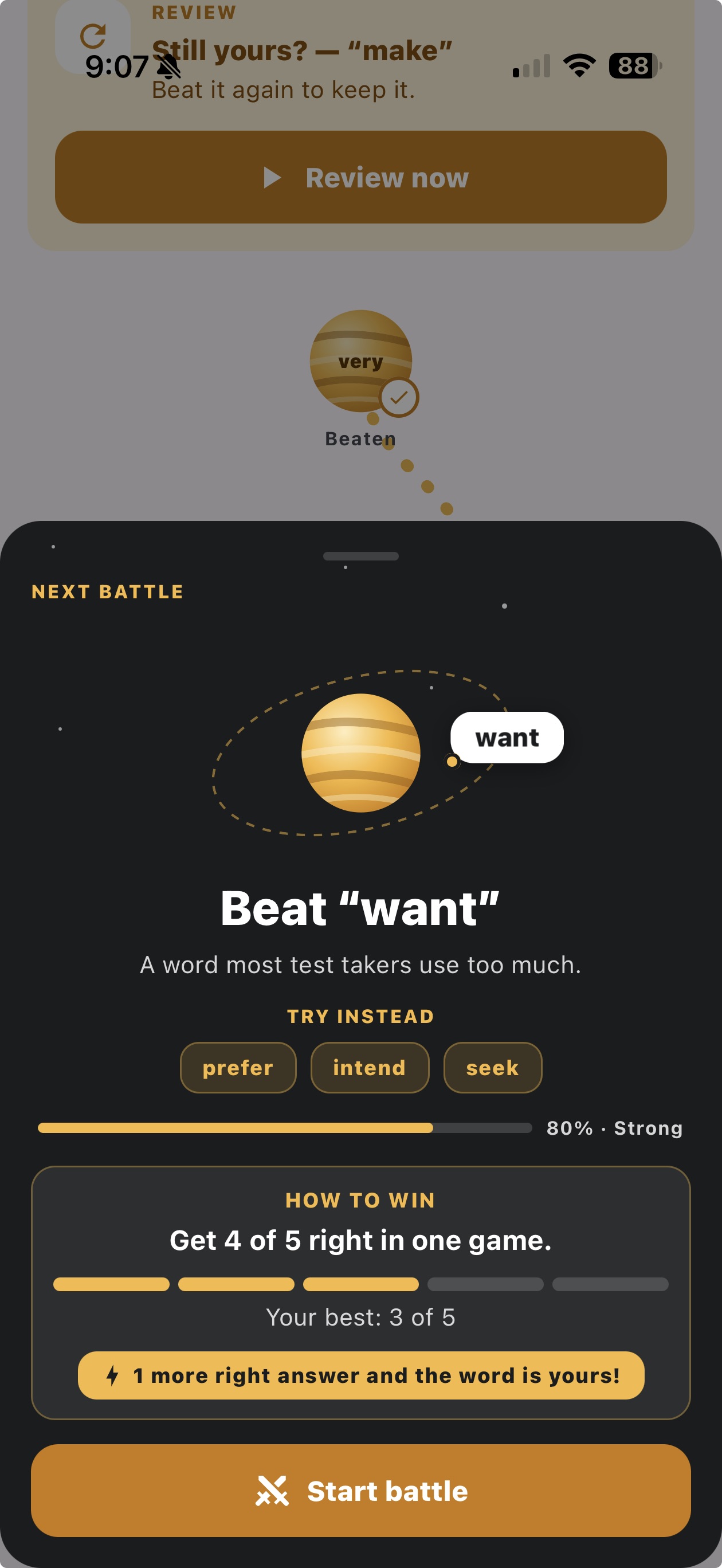 WordOrbit next battle: beat the word want with prefer, intend or seek