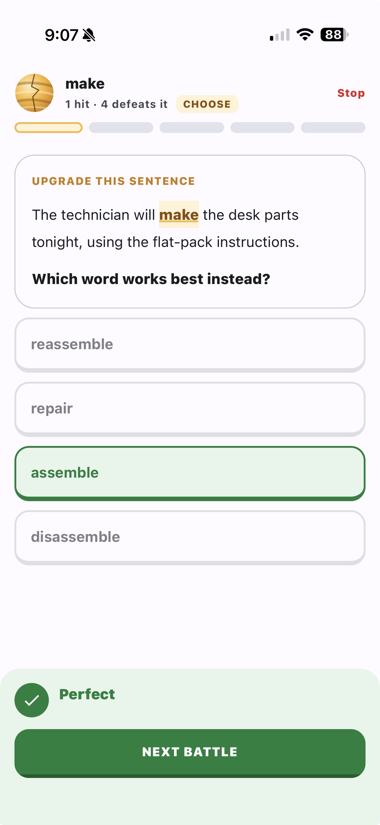 WordOrbit battle: upgrade this sentence, make replaced by assemble, marked perfect