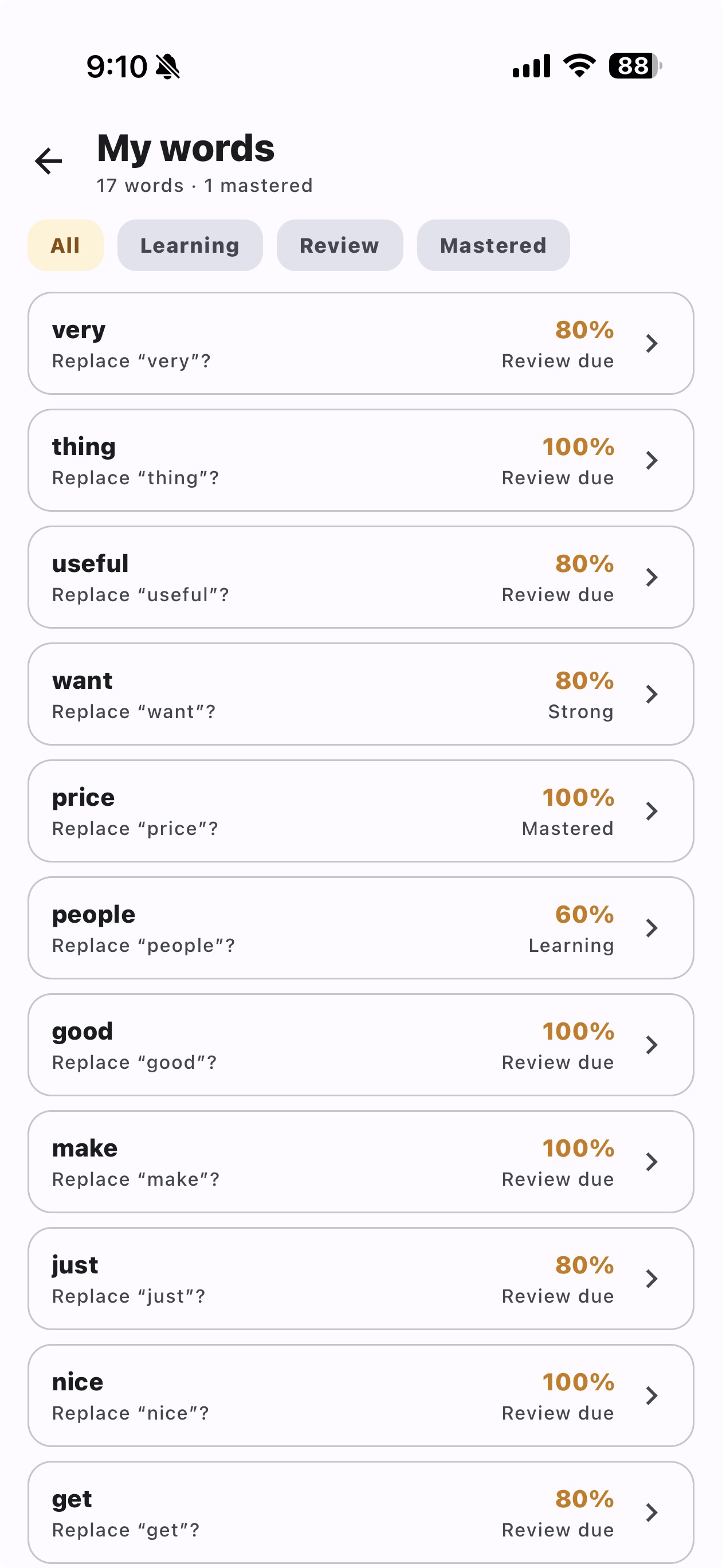 My words: 17 words tracked with mastery percentage and review status
