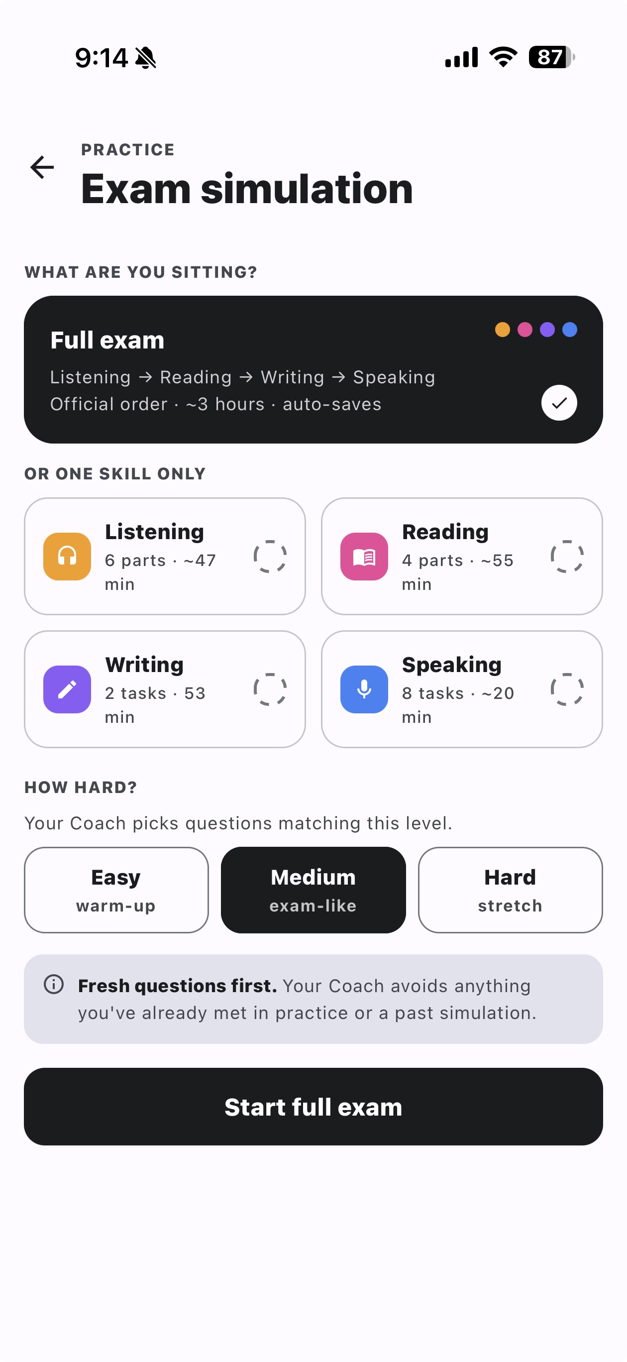 Exam simulation setup: full exam in official order or one skill only, with easy, medium or hard difficulty and fresh questions first