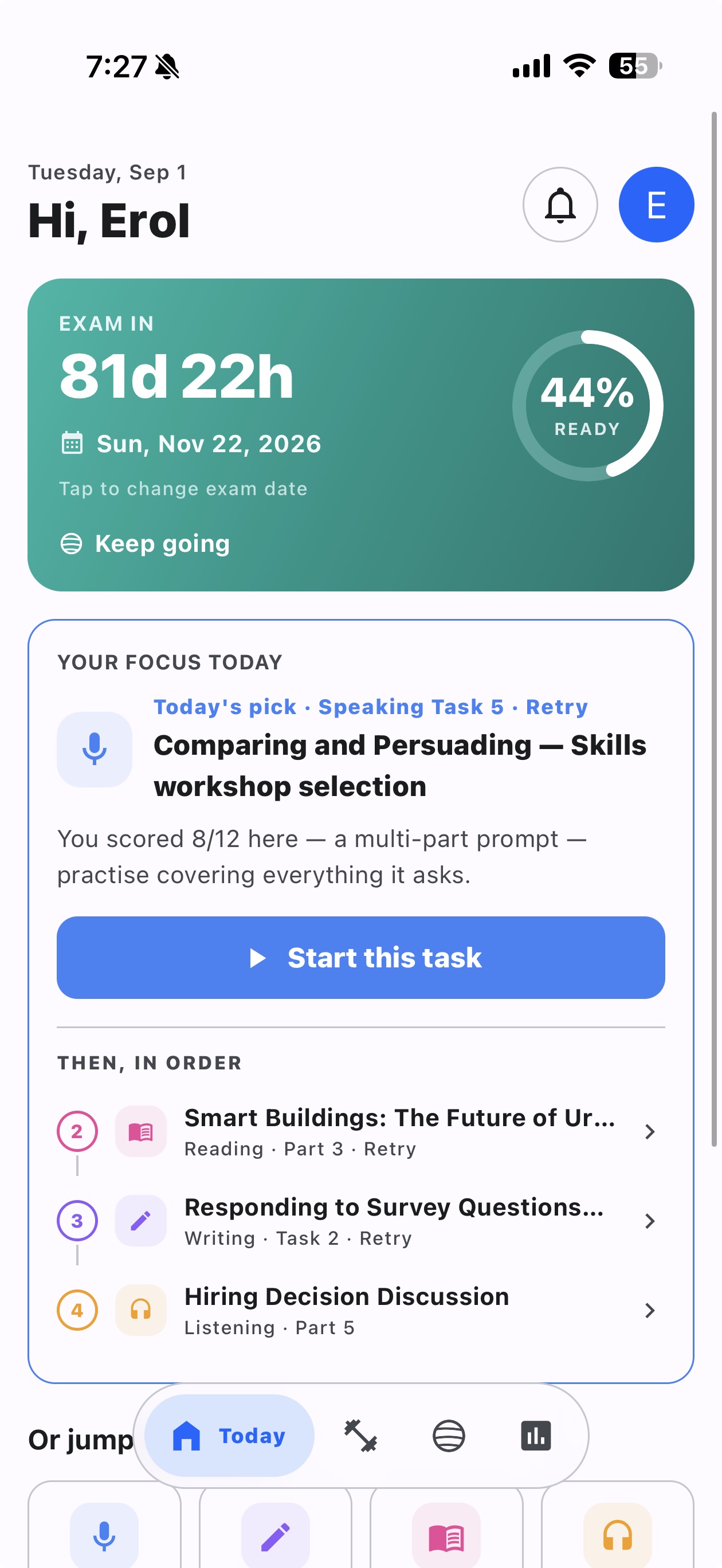 CelpipVerse Today screen: exam countdown with readiness ring, today's pick, and the next tasks in order