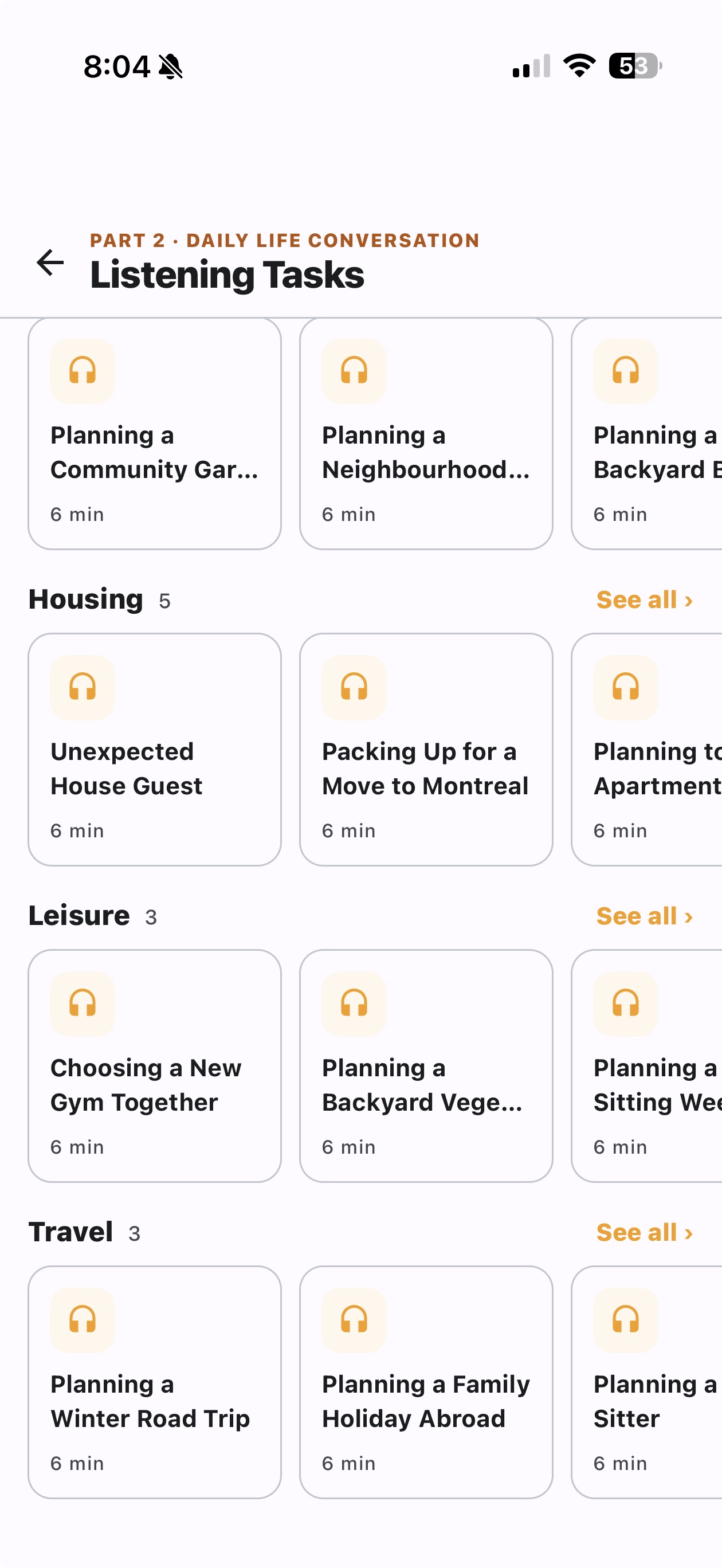 Listening tasks grouped by theme: housing, leisure, travel