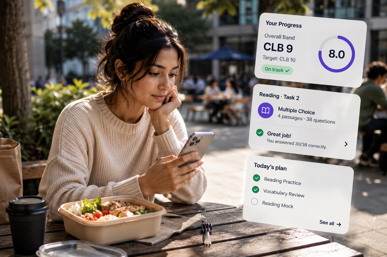 A woman on her lunch break outside, checking her reading score and today's plan on her phone