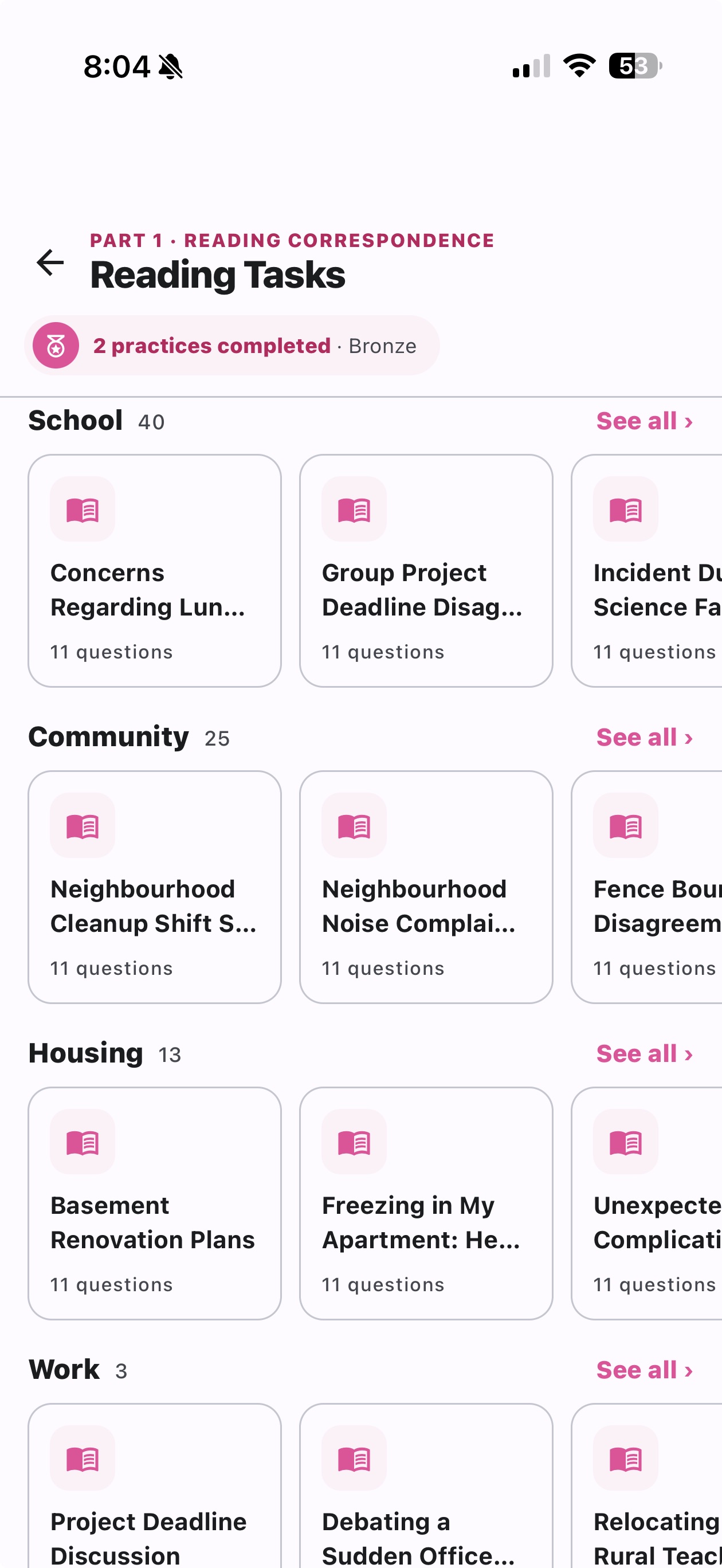 Reading tasks grouped by theme: school, community, housing, work