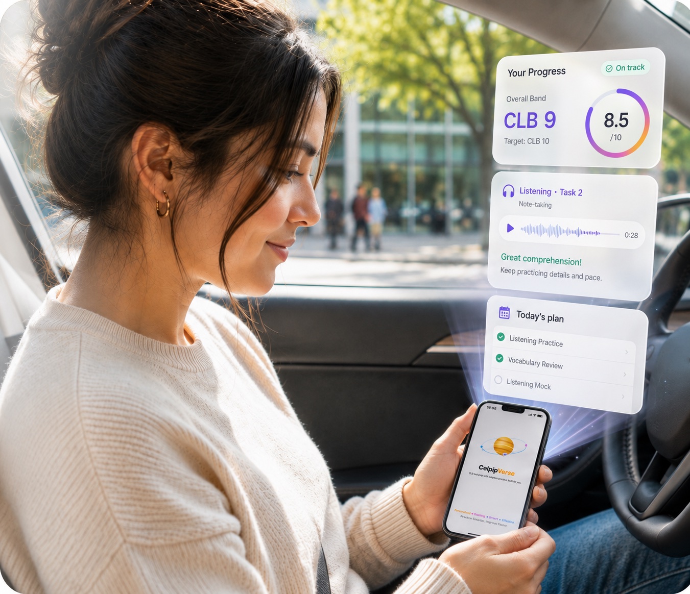 A rideshare driver parked between rides, doing a listening task on her phone with her progress and today's plan floating beside her
