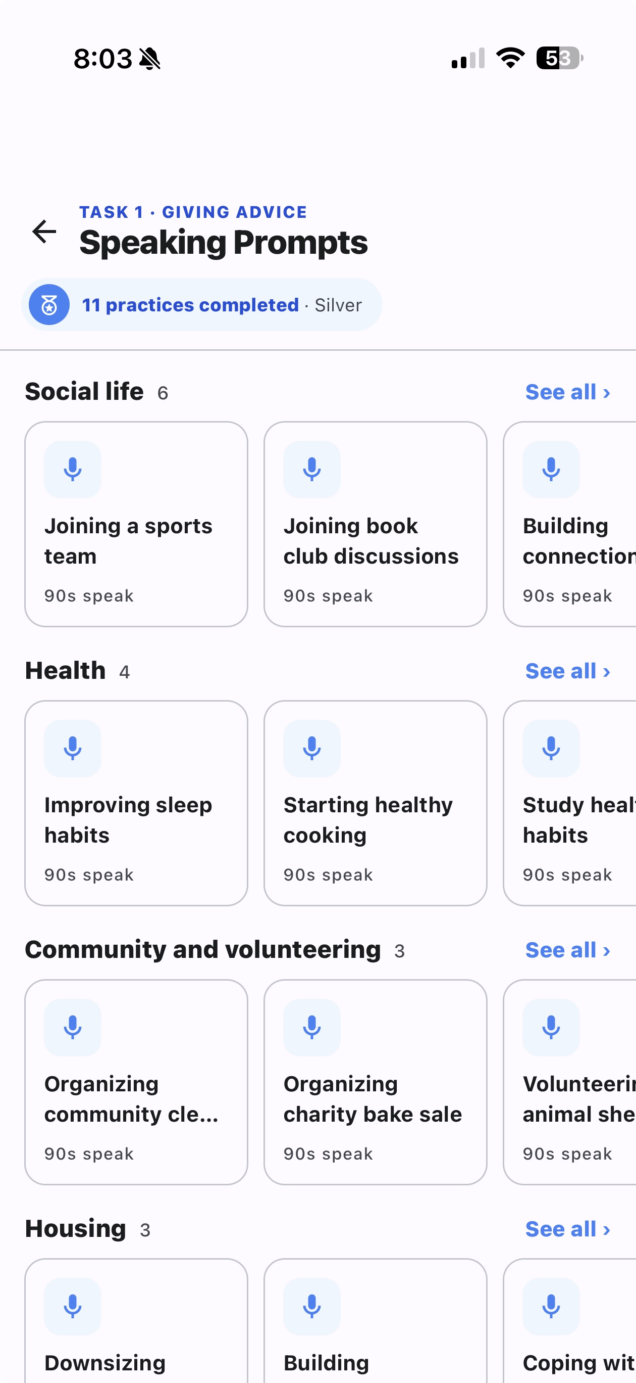Speaking prompts grouped by theme: social life, health, community and volunteering, housing