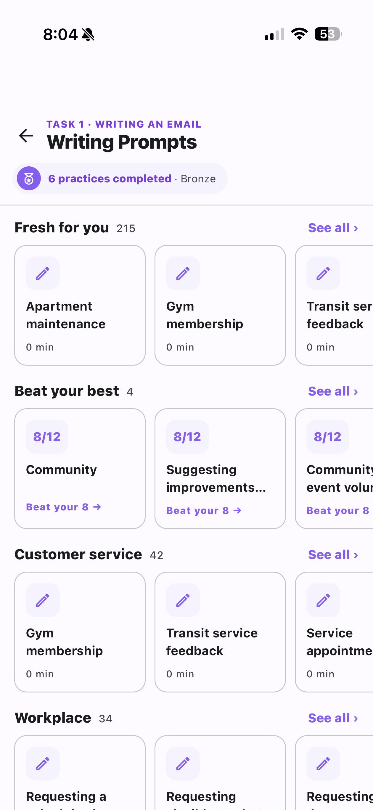 Writing prompts grouped by theme: customer service, workplace, and 215 fresh prompts